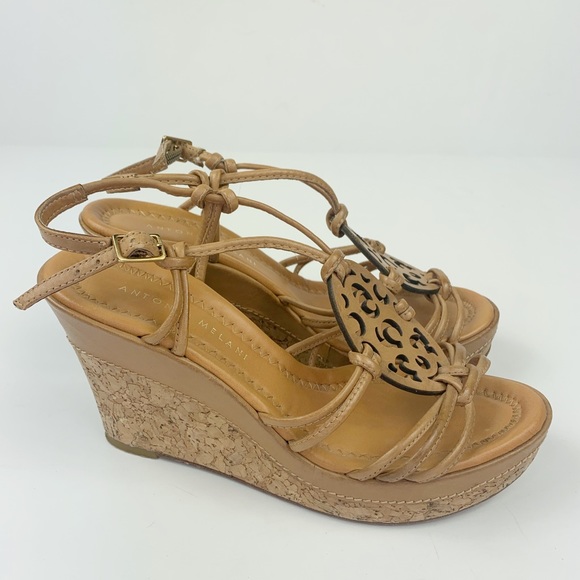 Antonio Melani Cork Wedge Sandals Tan Wooden Cut-Out - Picture 4 of 8